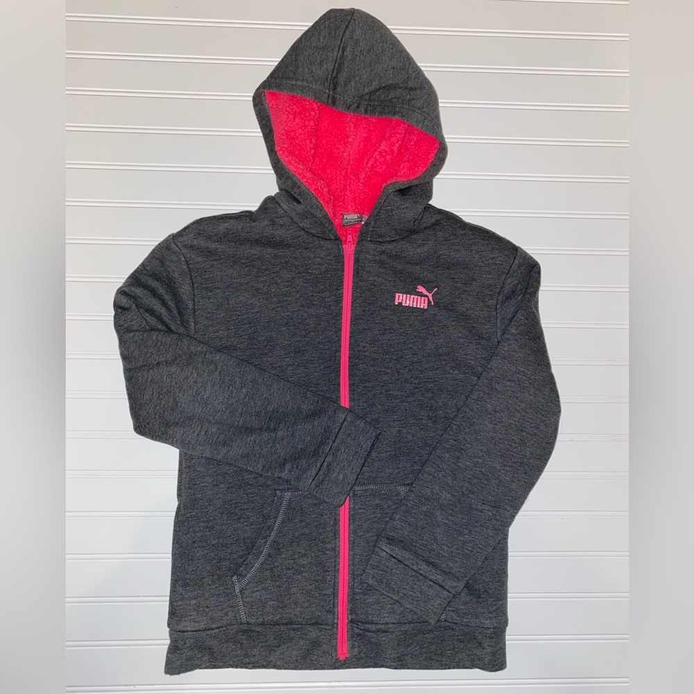 Girls Puma Thick Hoodie Sweatshirt Thick Fuzzy Lined Grey Pink Size 14/16 Large